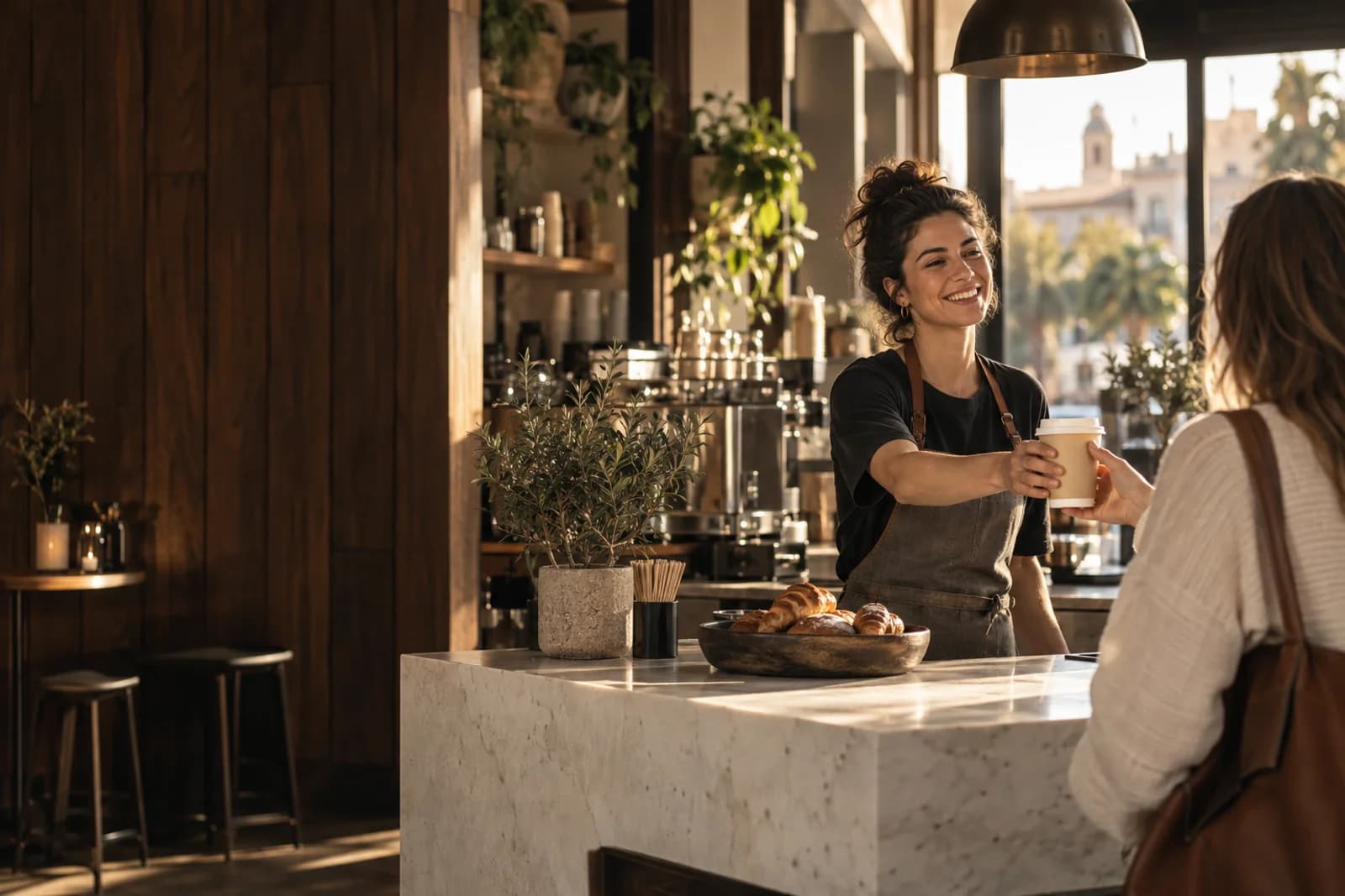 A customer and retailer at a neighbourhood café